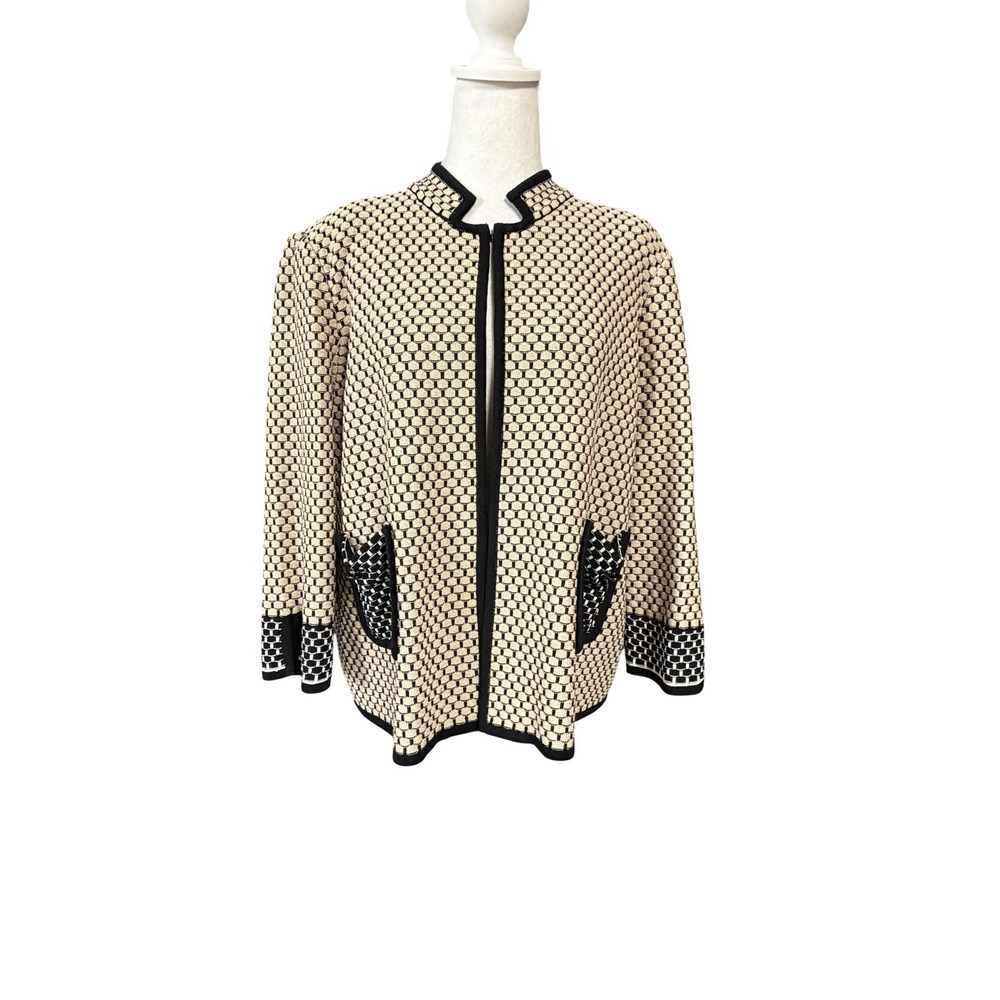 Ming Wang Cardigan Sweater Womens Petite PL Beige Geometric Knit Open Pockets